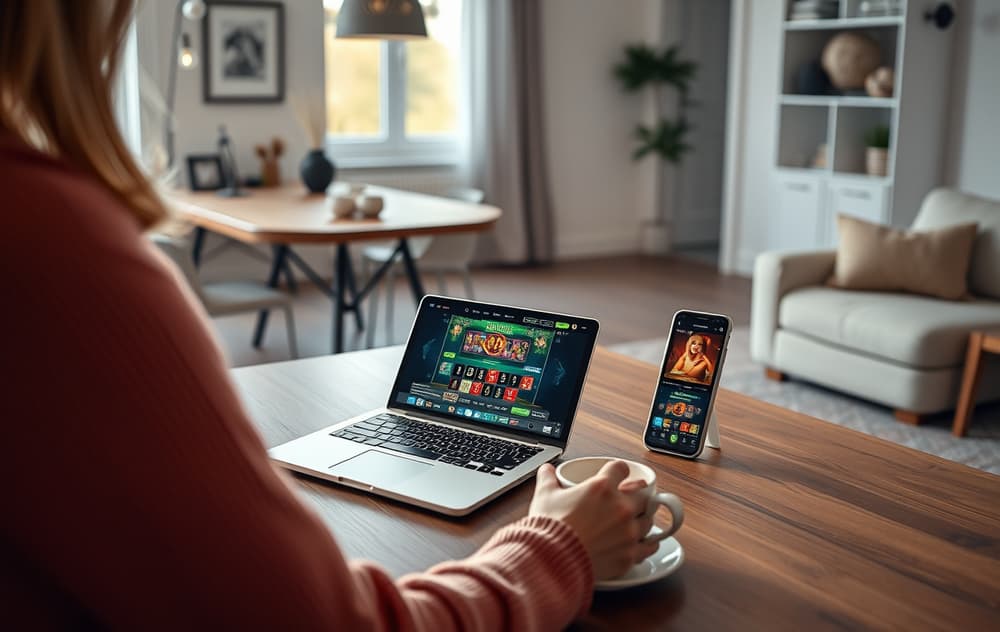 En person som spiller casinospill på en bærbar PC i en norsk stue, med kaffekopp og mobiltelefon på bordet.
