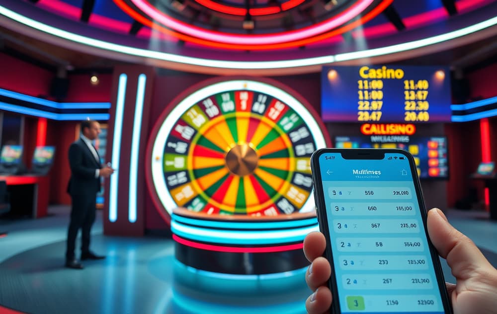 Live casino studio med Crazy Time-hjulet, vert og mobilgrensesnitt i forgrunnen.