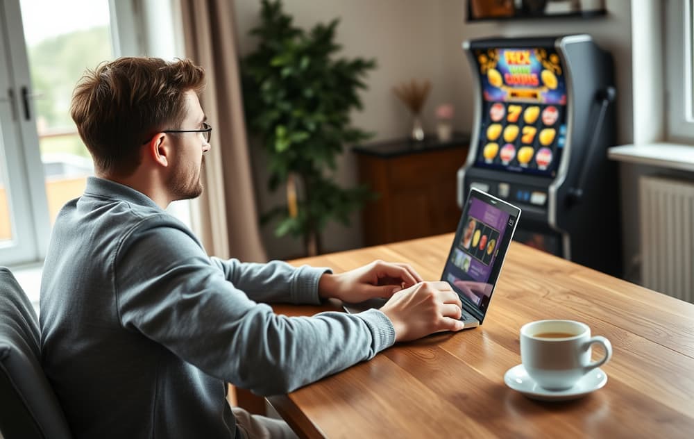 En person spiller en gratis spilleautomat på en bærbar PC hjemme i stuen, med en kopp kaffe ved siden av.