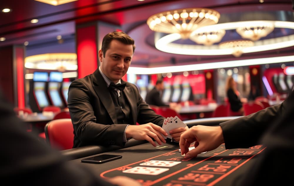 Live dealer ved blackjack-bord i et moderne casino-studio.