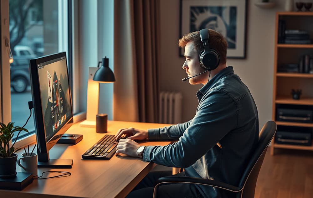 Norsk spiller som spiller poker på nett foran en dataskjerm