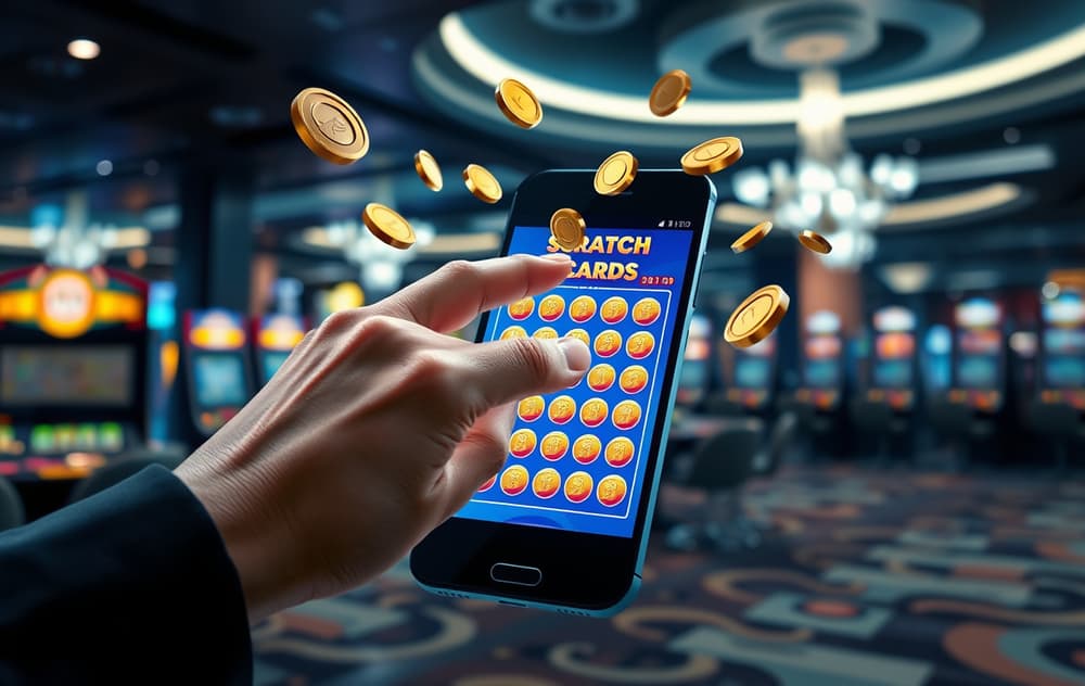 En hånd skraper et digitalt skrapelodd på en mobiltelefon, med mynter og gevinstsymboler som flyr ut i et moderne casino-miljø.