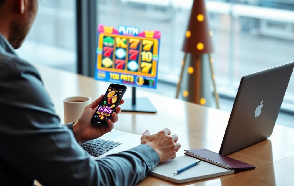 En person sitter ved et skrivebord og spiller spilleautomater på en bærbar PC og mobiltelefon.